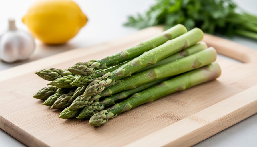 Close-up of fresh green asparagus spears on a light wooden cutting board in soft natural daylight.