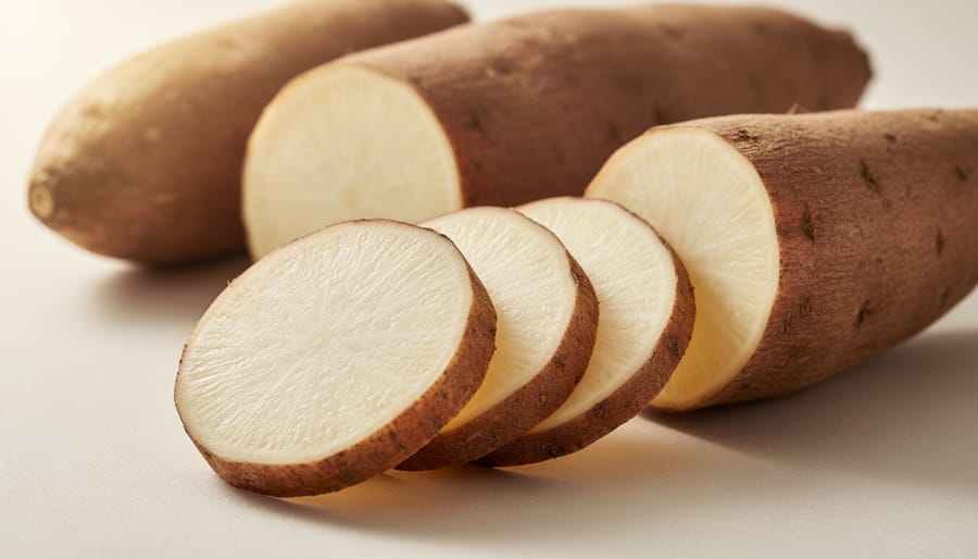 Close-up of freshly cut yam pieces showing creamy interior