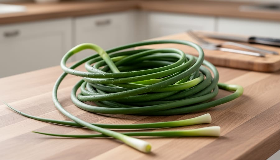Garlic scapes bundled on a wooden cutting board with farmers market items blurred in the background