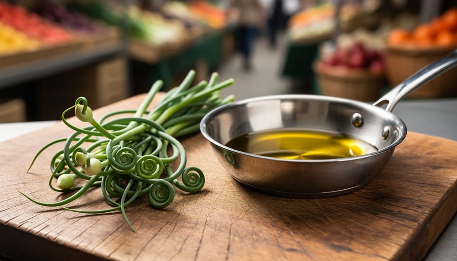 Curly green garlic scapes on a wooden cutting board next to a sauté pan with olive oil under soft natural light.