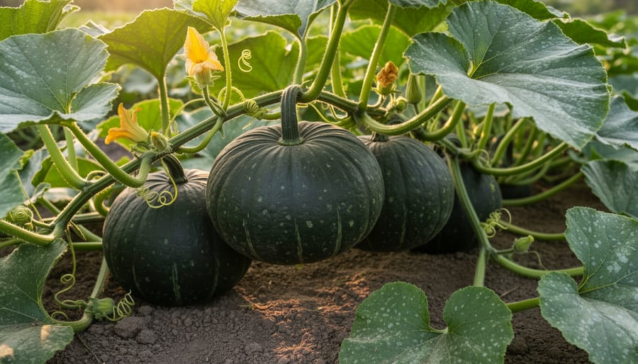 Kabocha squash growing on a vine in a garden with green leaves and soil