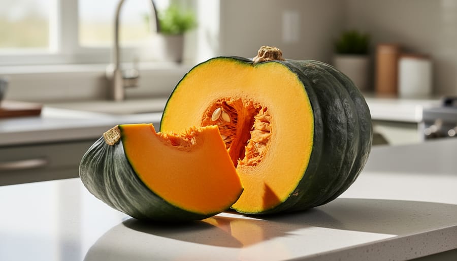 Whole and cut kabocha squash on a wooden kitchen counter with visible orange flesh