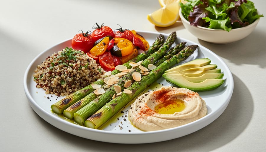 Roasted asparagus as part of a plant-based meal plate with chickpeas and lemon garnish