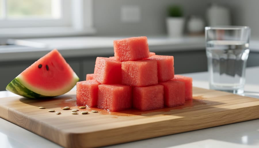 Hand cutting a ripe watermelon on a wooden board with diced red cubes visible