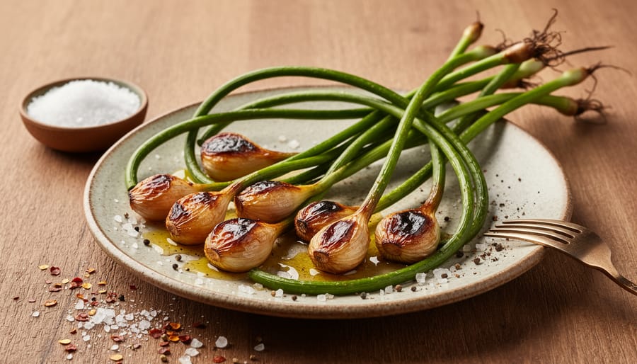 Roasted garlic scapes served on a grain bowl with olive oil, herbs, and a baking sheet blurred in the background