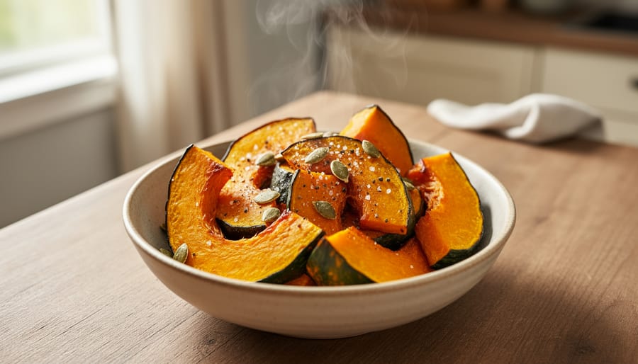 Roasted kabocha squash cubes in a bowl with yogurt and a green garnish