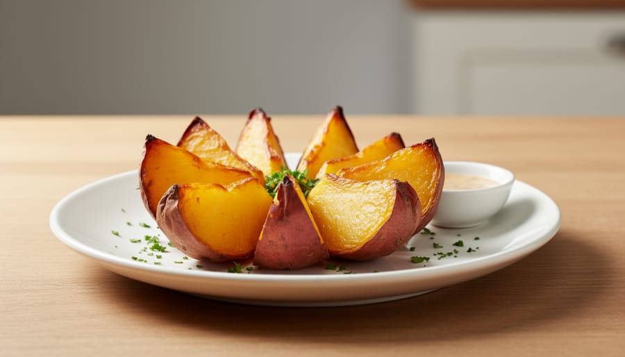 Roasted yam wedges on a white plate with olive oil and herbs on the side