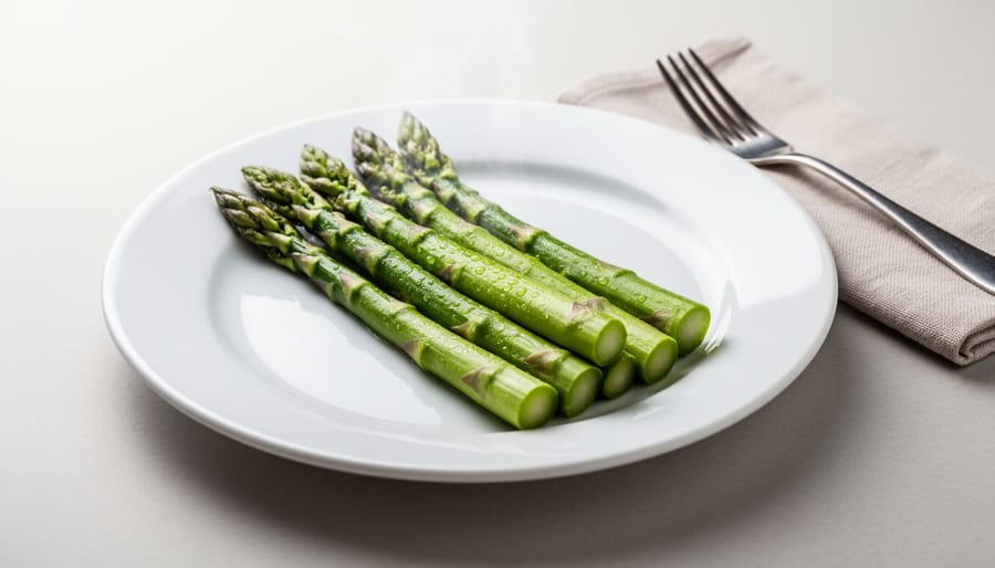 Bowl of steamed asparagus spears on a kitchen counter with a fork nearby