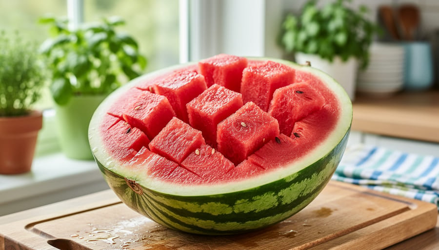 Juicy diced watermelon cubes on a wooden cutting board under soft natural daylight.