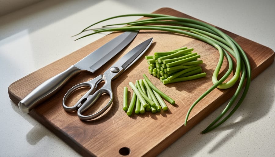 Trimmed garlic scapes next to kitchen shears and a chef’s knife on a cutting board