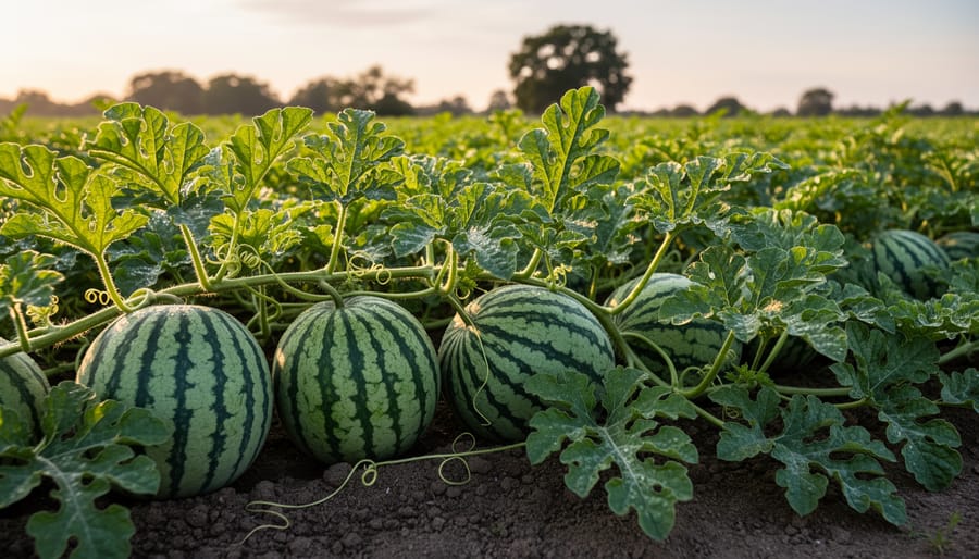 Watermelon plants and ripe melons growing in a sunny field
