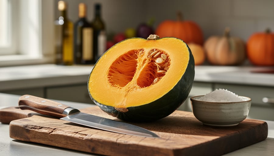 “Halved kabocha squash with vibrant orange flesh on a rustic wooden board, with a knife and small bowl of sea salt nearby in soft natural light.”