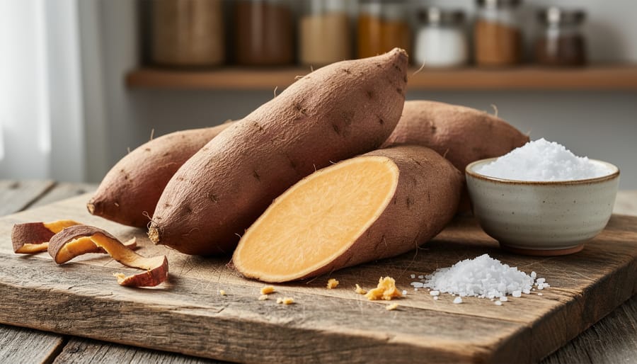 Fresh whole yams and one sliced yam showing creamy orange interior on a wooden cutting board under soft natural light.