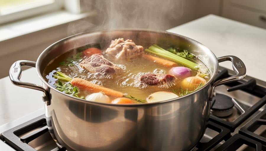 A stainless-steel pot simmering bone broth with steam in a kitchen.