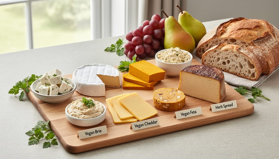 Assorted vegan cheeses, soft spread, slices, and an aged nut-based wedge, on a wooden board.