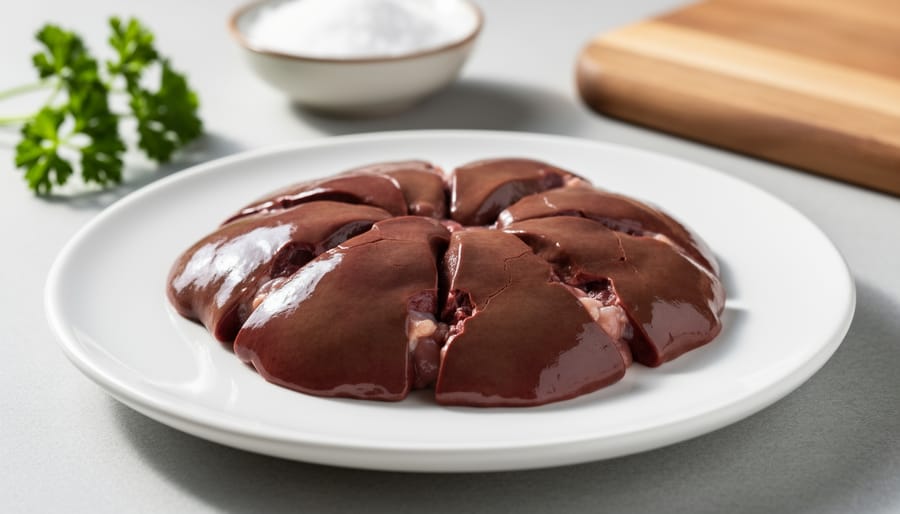 Fresh chicken liver on a dark ceramic plate with a spoon in soft natural light