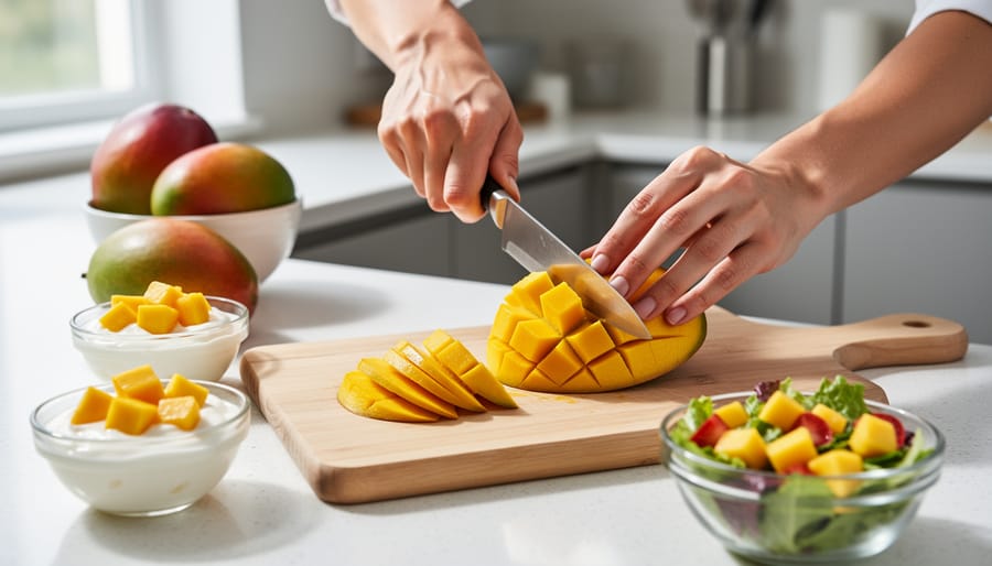 Hands holding a ripe mango over a cutting board with sliced mango on the side