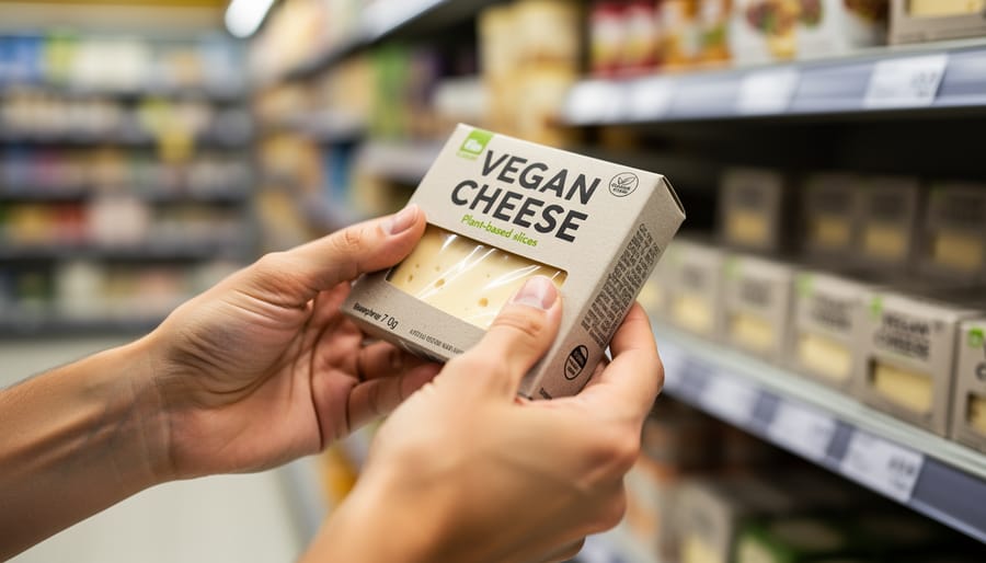 Hands holding a vegan cheese package while checking it in a home kitchen.