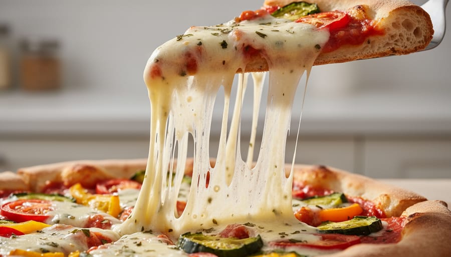 Hands stretching melted vegan cheese strands from a wedge over a cutting board in a home kitchen.