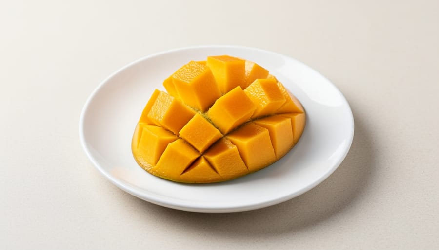 Macro view of mango chunks on a white plate with natural sunlight highlights