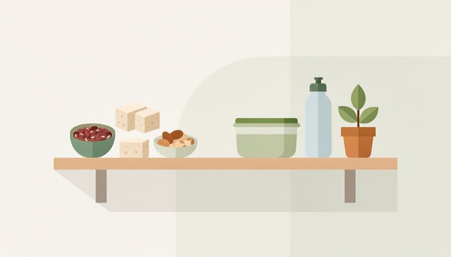 Minimalist kitchen shelf with two unlabeled protein products and complementary plant-based ingredients.