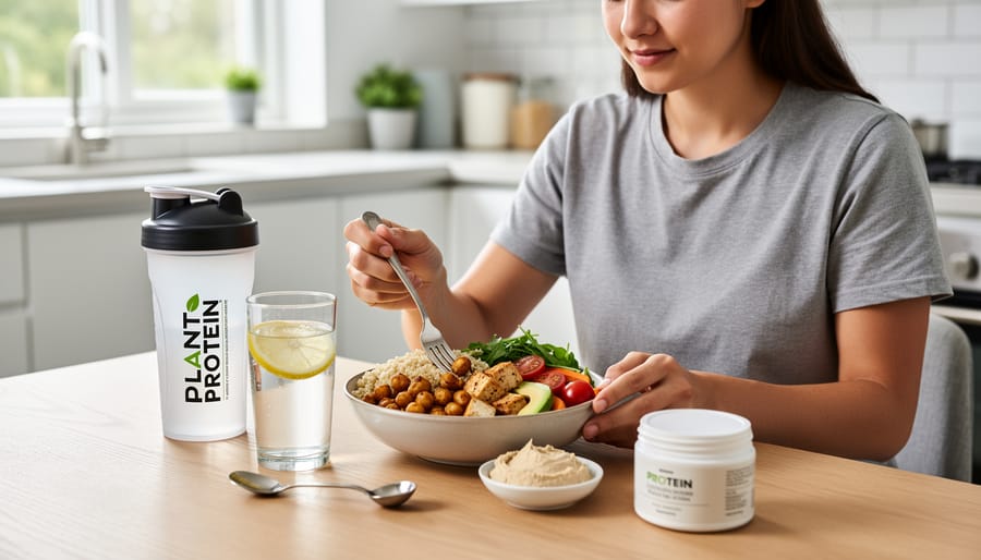 Person adding plant-based protein to a smoothie bowl topped with fruit and seeds.