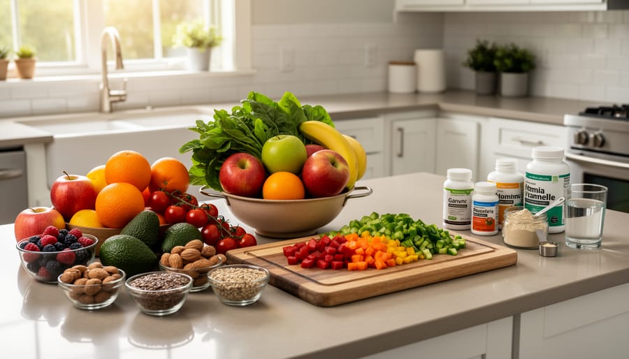 Person preparing plant-based ingredients in a kitchen with supplement jars placed nearby