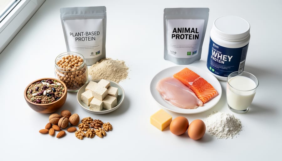 Powder and seed ingredients in ceramic bowls arranged in a flat lay for comparing protein options.