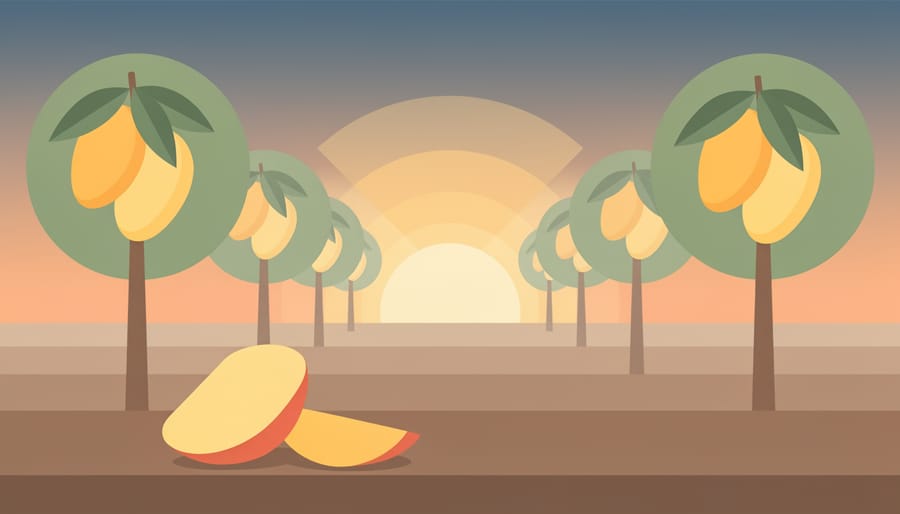 Ripe mangoes hanging on a tree in a sunlit orchard