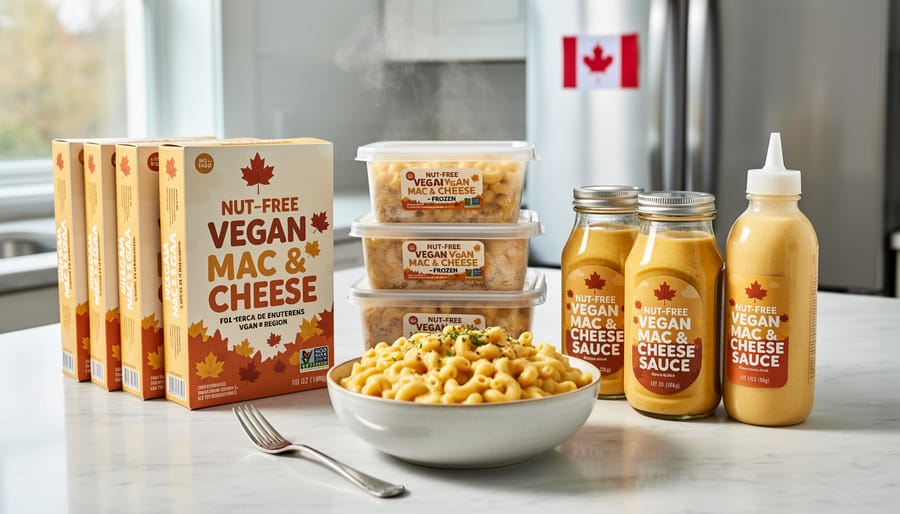 Assorted nut-free vegan mac and cheese product types arranged on a store shelf without visible text