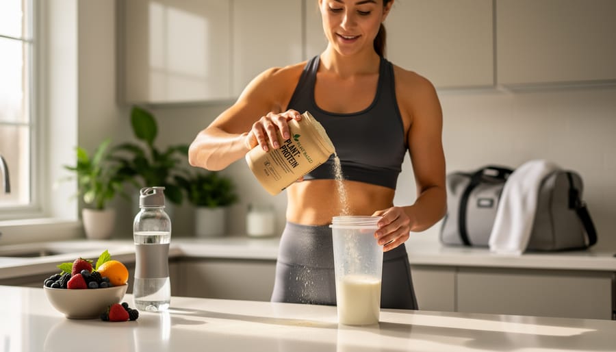 Athletic person holding a protein shaker in a gym with natural window light.