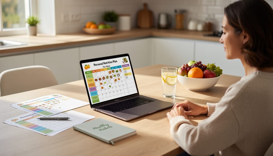 Person preparing healthy snacks and reviewing a small nutrition plan at a desk.