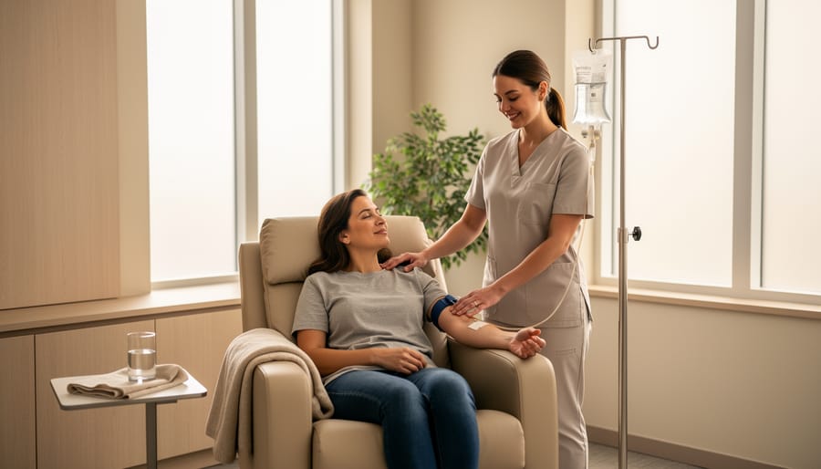 Patient reclining in an IV therapy room with IV tubing visible in a calm, clinical setting