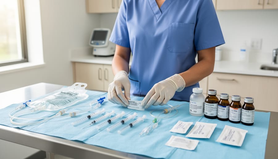 Healthcare professional preparing IV therapy supplies on a sterile tray in a clinic room