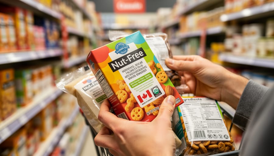 Person holding sealed packaged vegan mac and cheese in a grocery store aisle while shopping