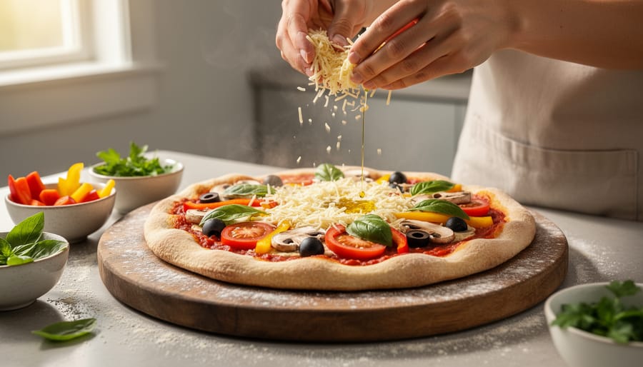 Hands adding vegetable toppings to a pizza crust on a baking tray in a home kitchen