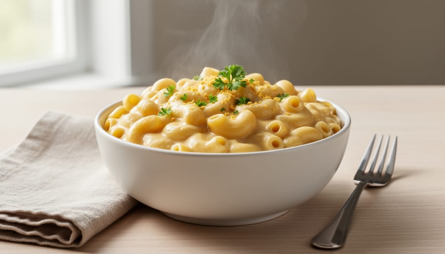 Bowl of creamy nut-free vegan mac and cheese on a kitchen table with a spoon and vegan cheese products nearby