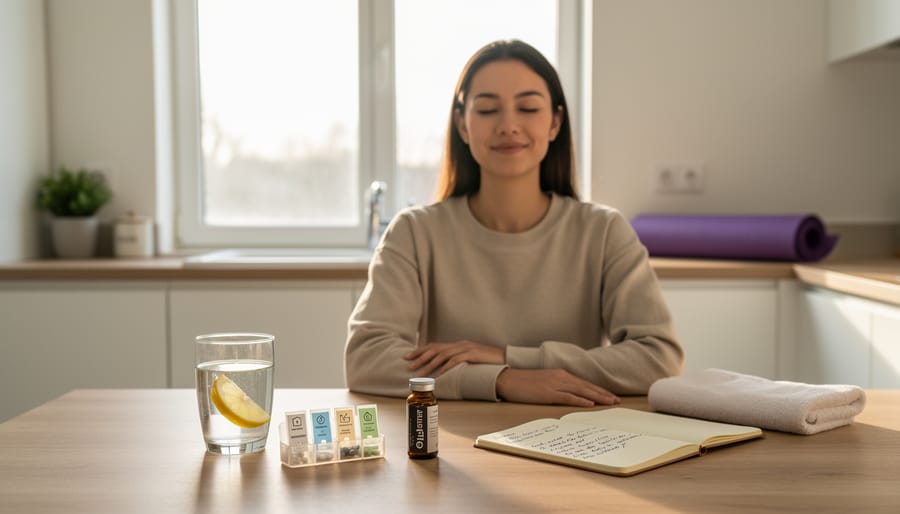 Person relaxing with a warm herbal tea during a calm morning recovery routine