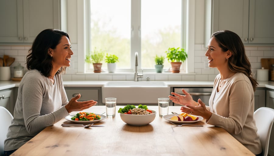 Nutrition coach and client discussing a healthy salad at a kitchen table.