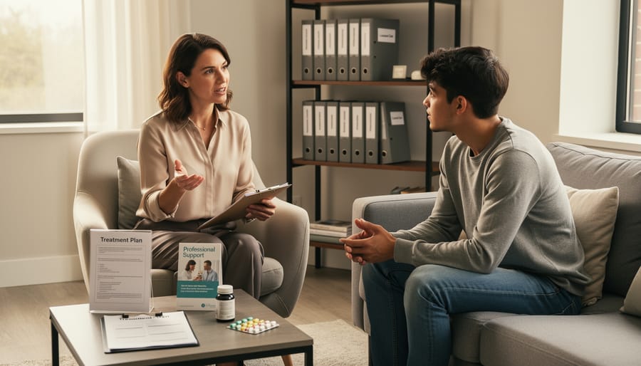 Clinician and patient discussing wellness at a desk with an open notebook and stethoscope