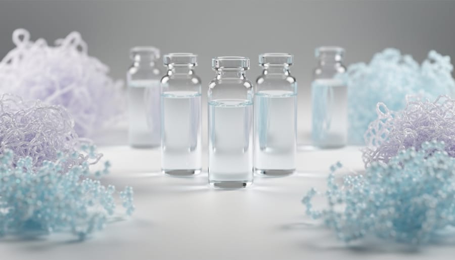 White crystalline powder in a glass dish next to a clear vial in soft studio lighting