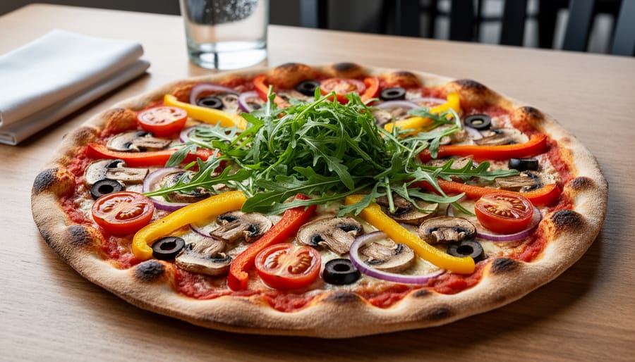 Close-up of a pizza topped with vegetables on a dining table in a restaurant setting