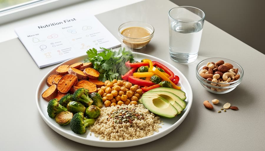 Plant-forward recovery meal with berries, chia seeds, walnuts, and roasted sweet potato on a wooden table