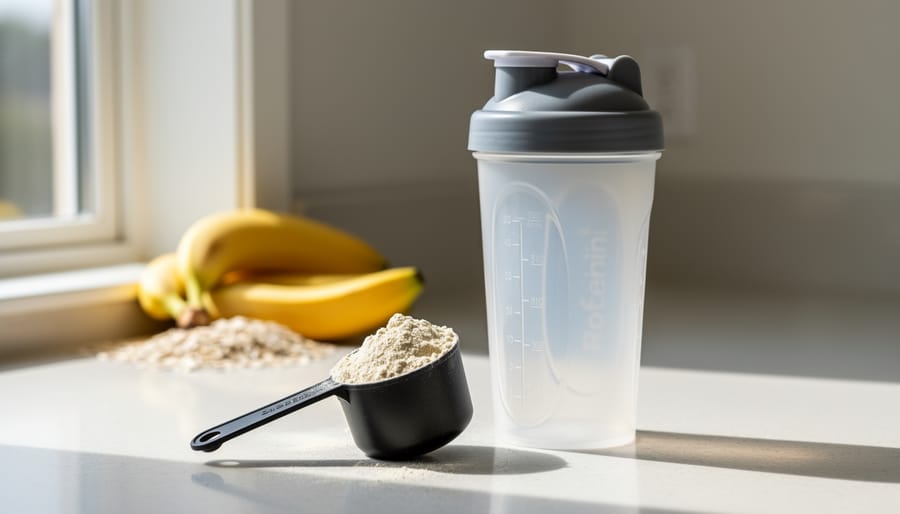 Scoop of pale plant protein powder beside a blender bottle on a kitchen counter with soft natural light.