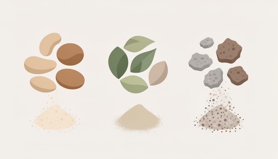 Assorted plant protein ingredients, pea pods, rice grains, hemp seeds, arranged with a mound of plant protein powder on linen.