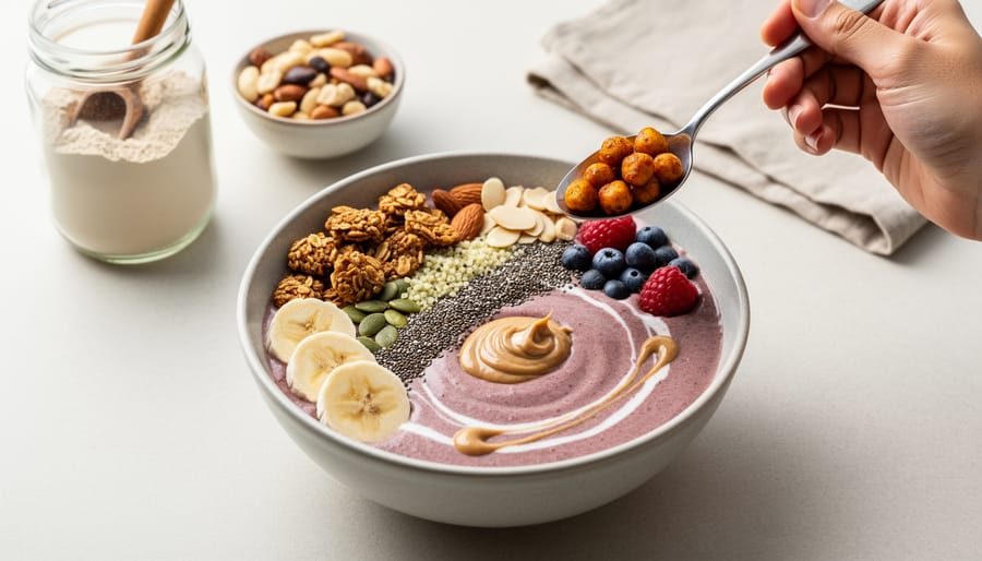 Bowl of smoothie topped with banana slices and a light sprinkle of plant protein powder, photographed in bright natural light.