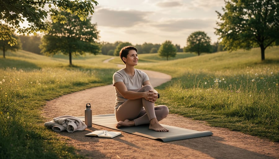 Person walking outdoors with a reusable water bottle and meal container during golden hour.