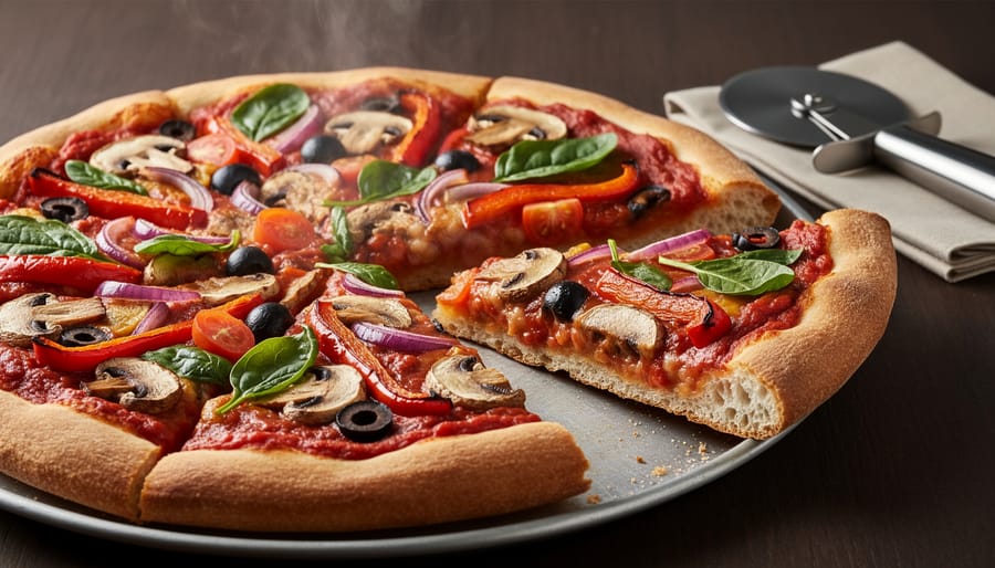 Vegan pizza slice with plant-based cheese texture on a fork on a wooden table