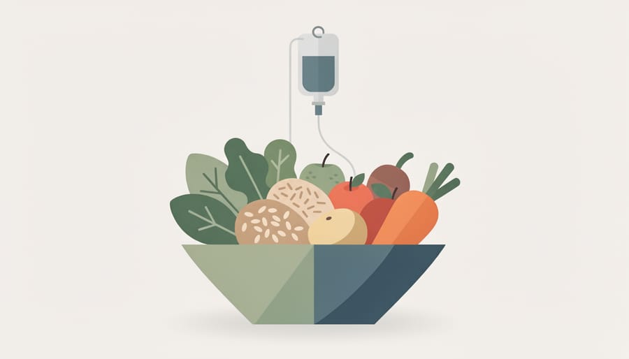 Assortment of fresh whole foods, leafy greens, berries, carrots, nuts, and citrus, on a wooden table
