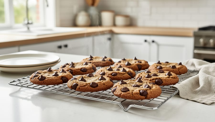 Vegan chocolate chip cookies cooling on a rack in a bright kitchen